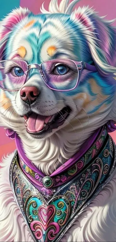 Colorful dog with glasses and scarf in vibrant art style.