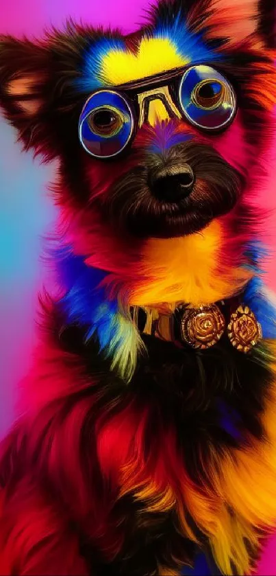 Vibrant dog wearing glasses against a colorful backdrop.