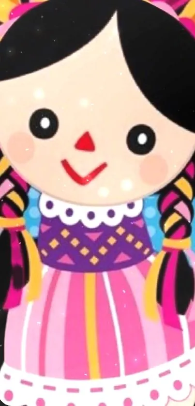 Colorful traditional doll wallpaper with vibrant pink and playful design.