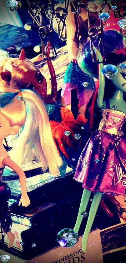 Colorful dolls in creative and artistic display on a vibrant mobile wallpaper.