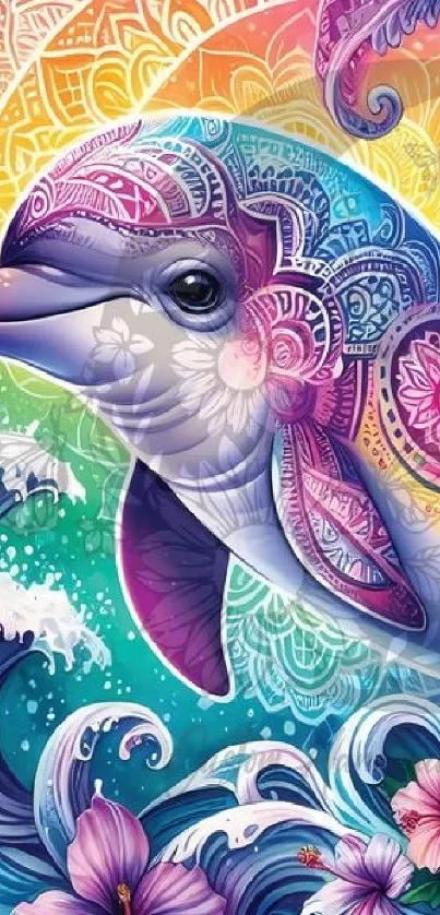 Intricate and colorful dolphin art with ocean waves.