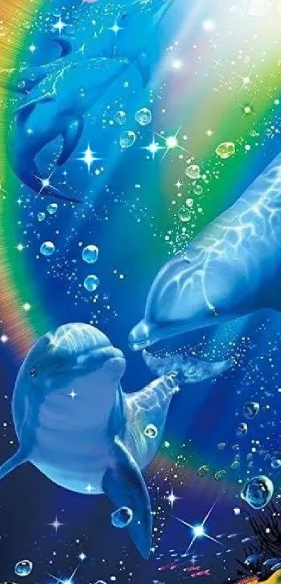 Vibrant, colorful dolphins swimming in a fantasy underwater scene.