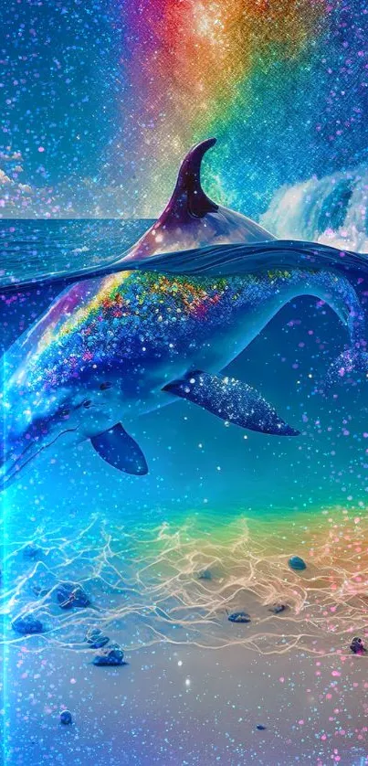 Colorful dolphin in a rainbow ocean with waves and a starry night sky.