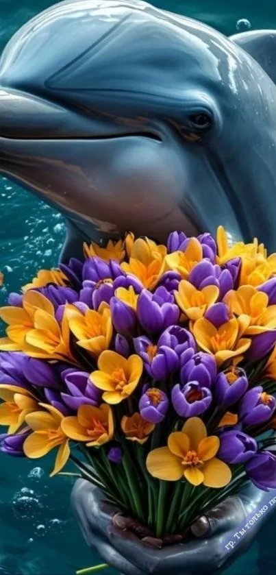 Dolphin holding vibrant bouquet of flowers underwater.
