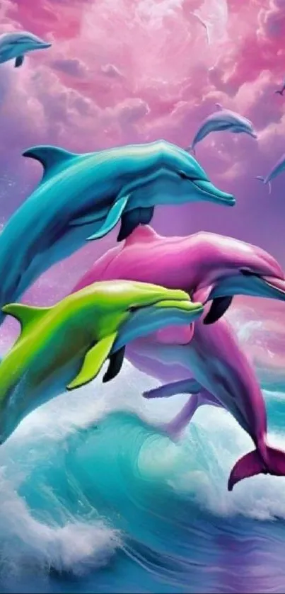 Artistic wallpaper with vibrant dolphins leaping in pink ocean waves.