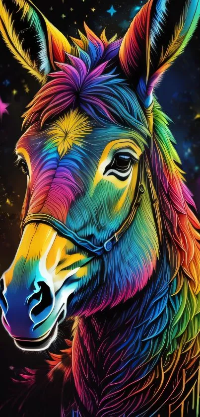 Colorful donkey art with rainbow hues on a dark background.