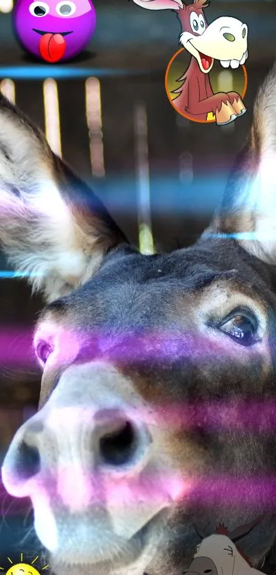 Whimsical donkey with cartoon overlays in a colorful wallpaper.