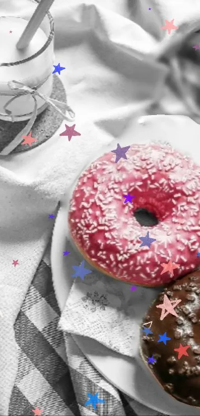 Colorful pink donut with sprinkles on a cozy table setting.