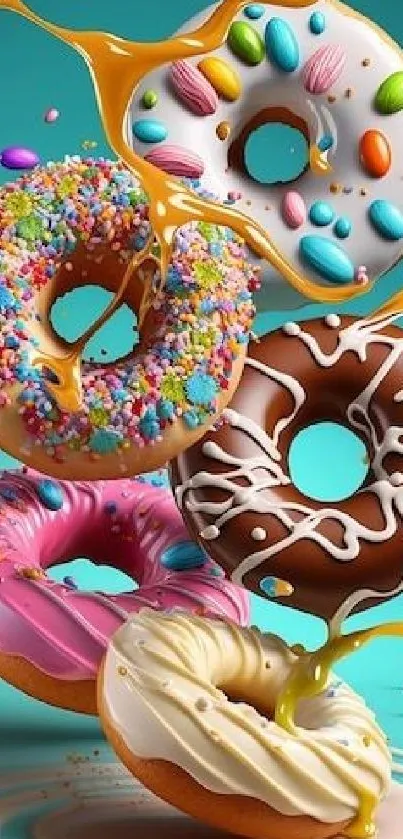 Colorful donuts with icing and sprinkles, vibrant phone wallpaper.