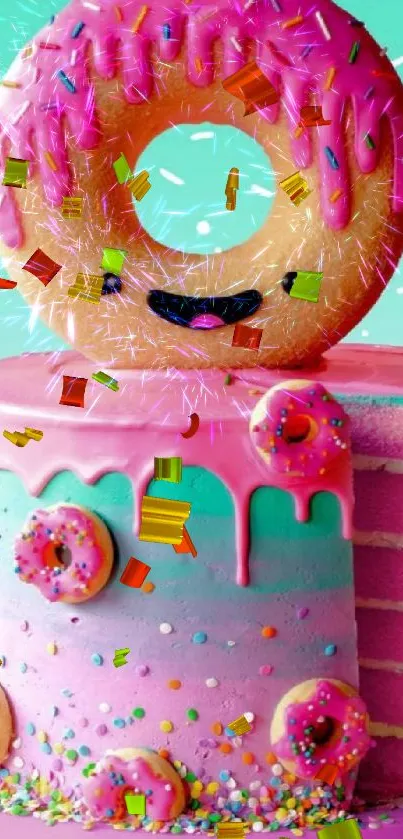 Donut-topped cake with pastel colors and sprinkles on a mobile wallpaper.