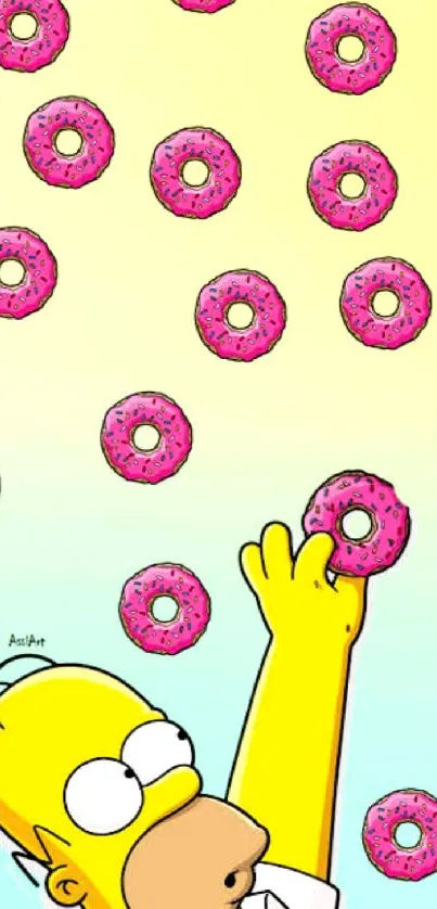 Cartoon character reaching for pink donuts in a colorful sky background.