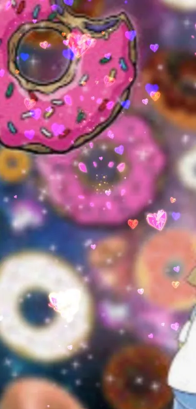 Cartoon wallpaper with pink donut and sparkles.