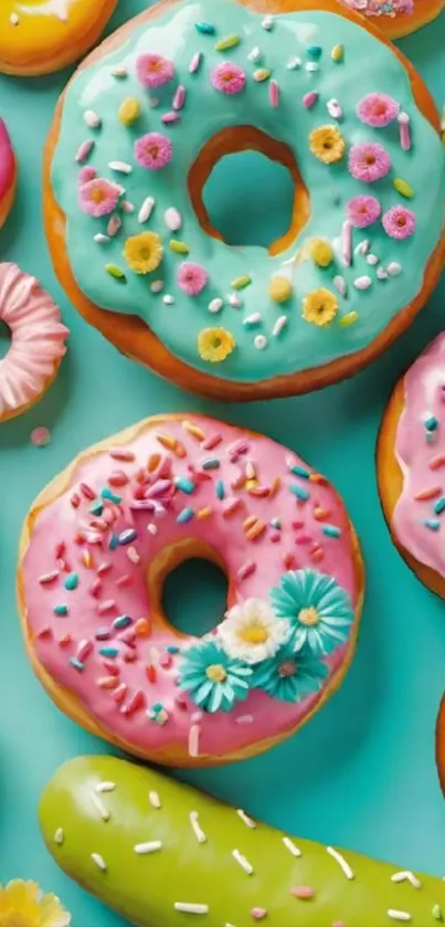 Colorful donuts with pastel frosting and sprinkles on a cyan background.