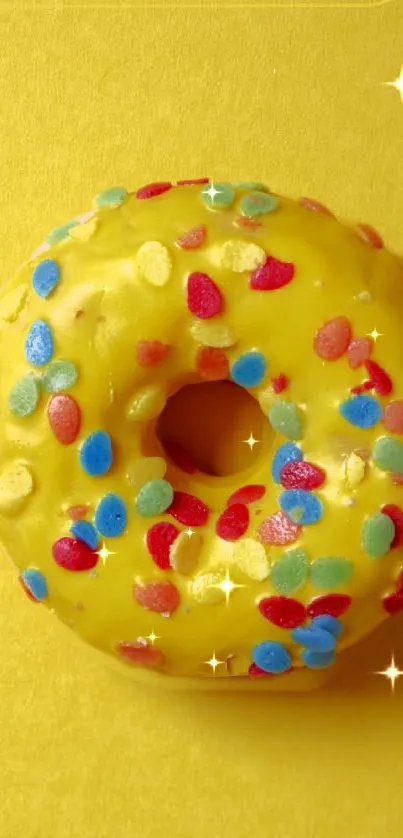 Yellow donut with colorful sprinkles on a bright background.