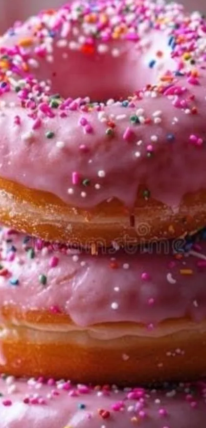 Stack of pink donuts with colorful sprinkles.