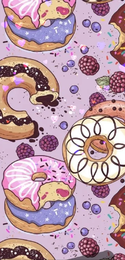 Vibrant mobile wallpaper with colorful donuts and berries.