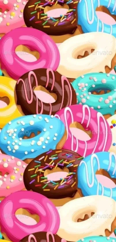 Colorful donut wallpaper with pink, blue, and chocolate frosted donuts.