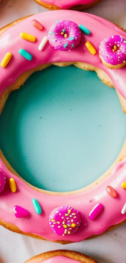 Vibrant wallpaper with colorful donuts featuring pink icing and sprinkles.
