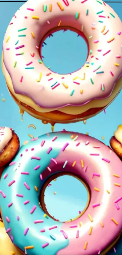 A colorful iPhone wallpaper featuring donuts with vibrant sprinkles and shades of pink and blue.