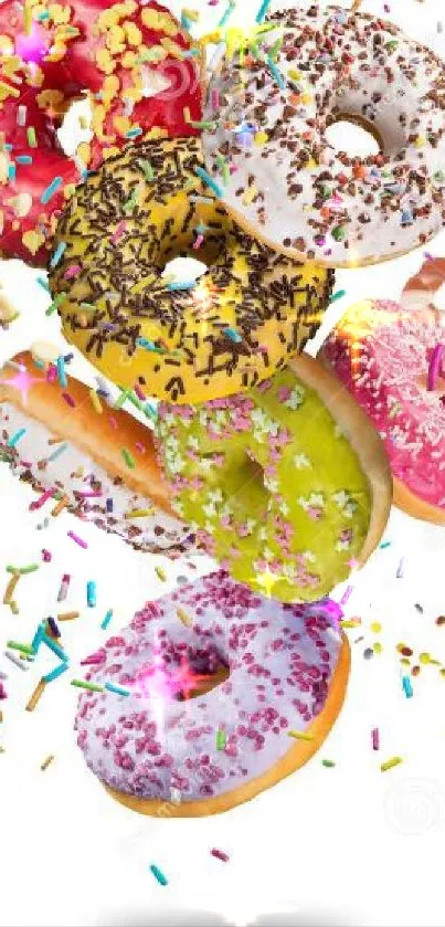 Vibrant wallpaper with colorful donuts and sprinkles.