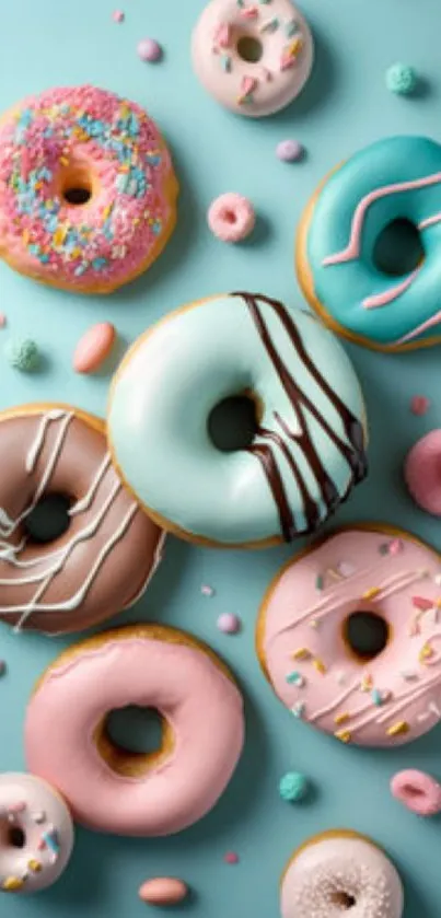 Colorful donuts on a pastel blue background.