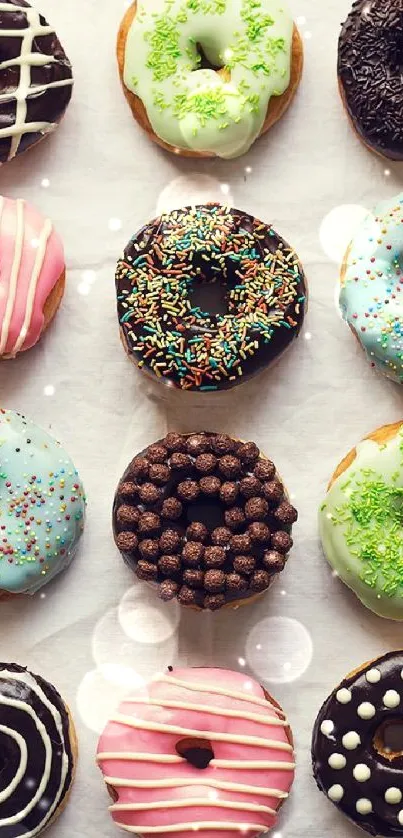 Vibrant and colorful donuts arranged on a cream background.