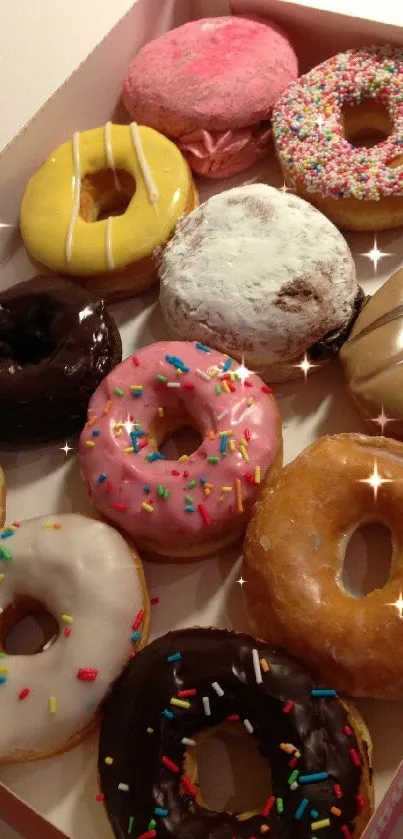 Assorted colorful donuts in a box for mobile phone wallpaper.