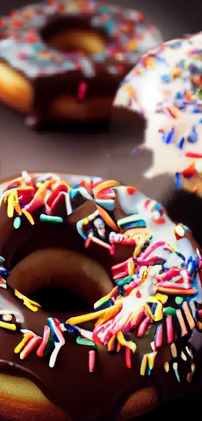 Colorful donuts with chocolate glaze and sprinkles.