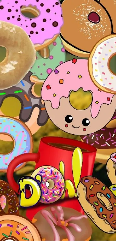 Colorful wallpaper with various donuts and a coffee cup.