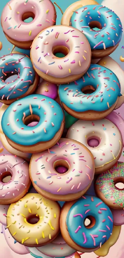 A stack of colorful donuts with sprinkles on a pastel background.