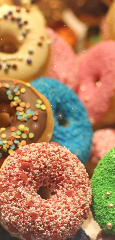 Colorful donuts with sprinkles on display.