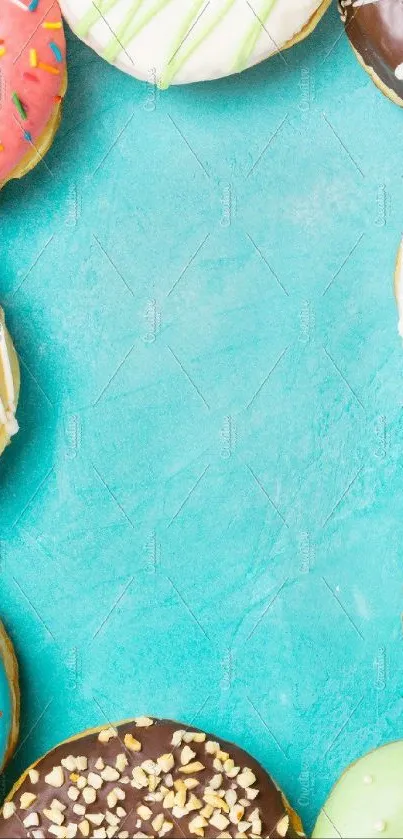 Colorful donuts on a turquoise background.