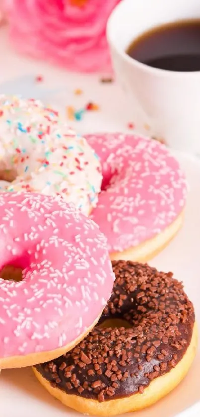 A plate of colorful donuts with coffee.