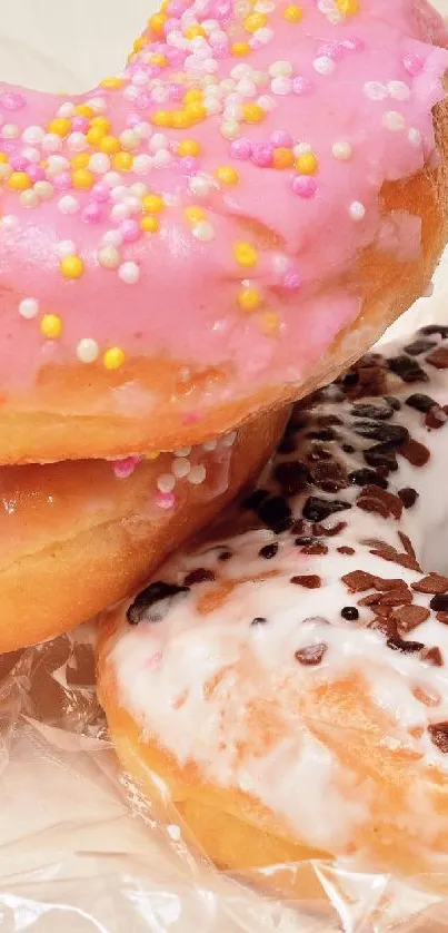 Colorful donuts with pink icing and white sprinkles on plastic wrap.