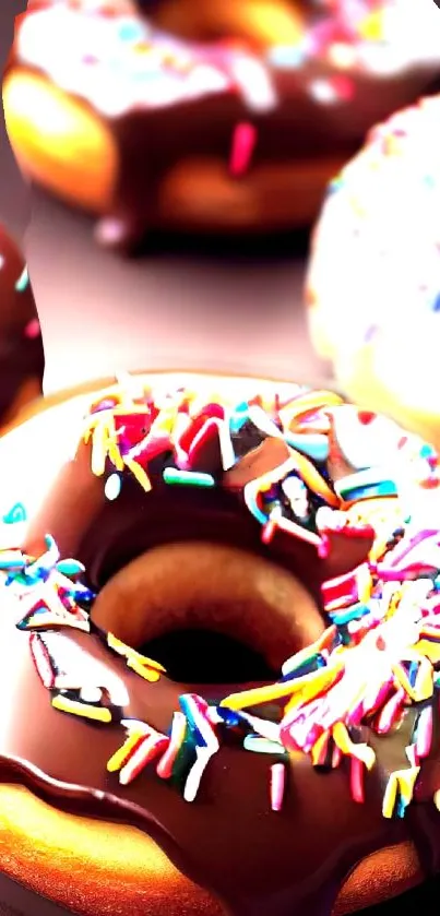 Chocolate glazed donut with colorful sprinkles wallpaper.