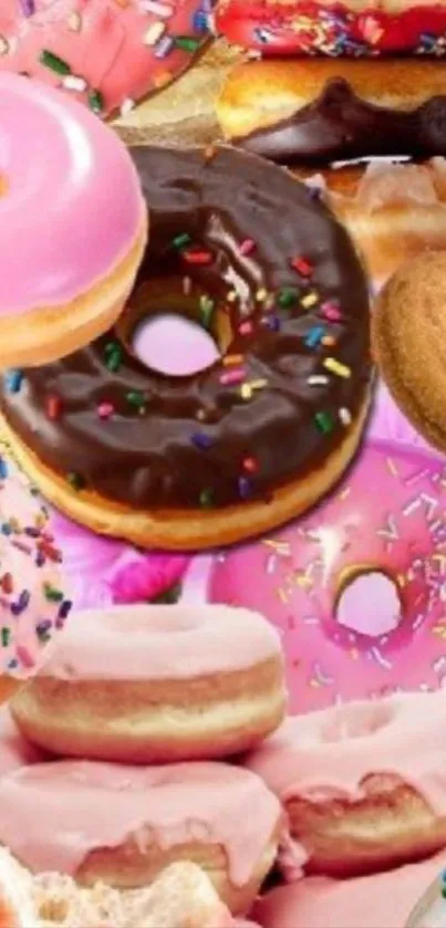 Colorful wallpaper featuring assorted donuts with icing and sprinkles