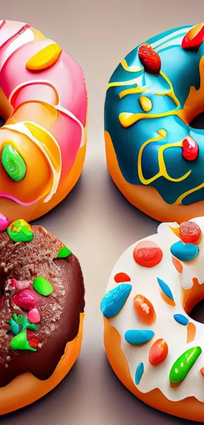 Colorful donuts with icing and sprinkles displayed in a vibrant wallpaper.