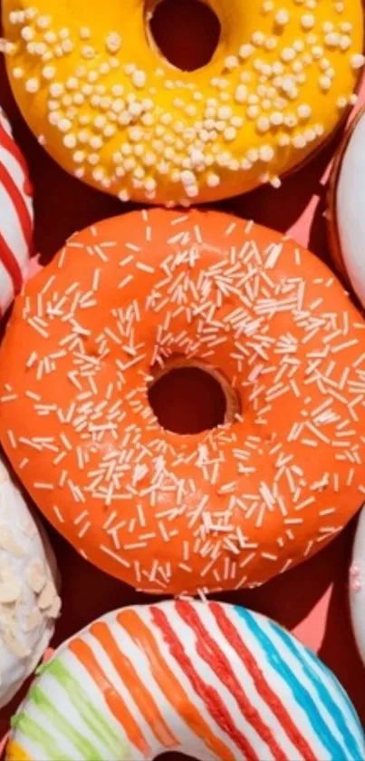 A colorful array of frosted donuts in a vivid pattern.