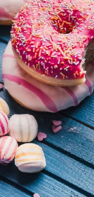 Pink frosted donut with sprinkles on a blue wooden surface.