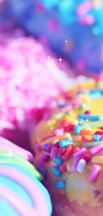 Close-up of colorful donuts with sprinkles in bright pastel colors.