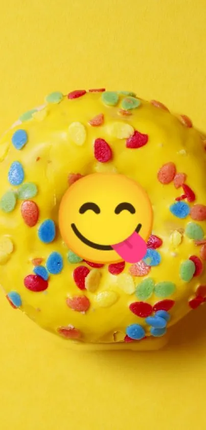 A colorful donut with sprinkles on yellow background, featuring a smiley emoji.