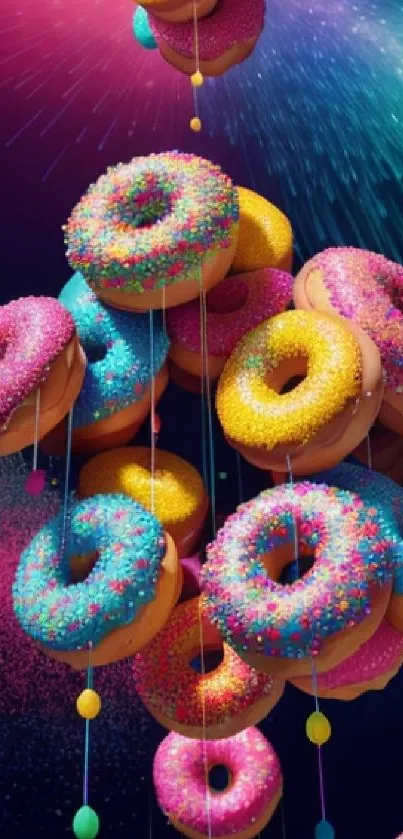 Vibrant, colorful donut art with abstract design on a phone wallpaper.