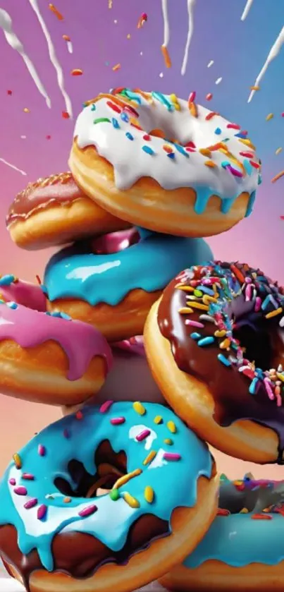 Vibrant donuts with colorful icing and sprinkles explode with fun.