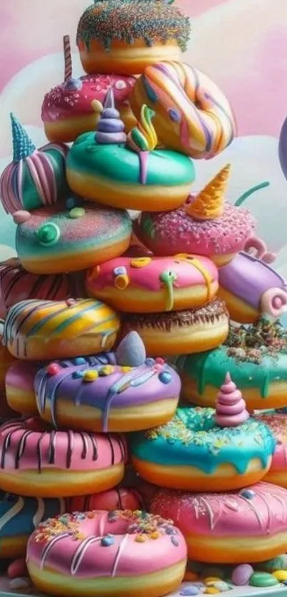 Whimsical donut stack with vibrant fantasy colors.