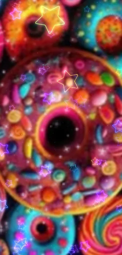 Colorful donuts wallpaper with neon stars.