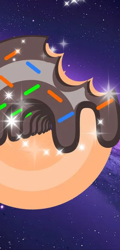 A vibrant donut with sprinkles set against a sparkling galaxy background.