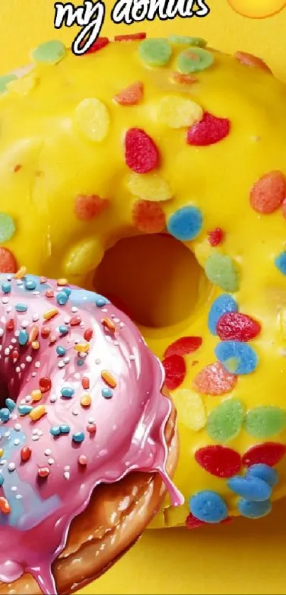 Vibrant donut wallpaper with colorful sprinkles and yellow background.