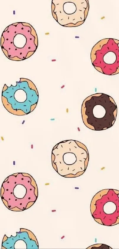 Colorful donuts with sprinkles on a light beige background wallpaper.