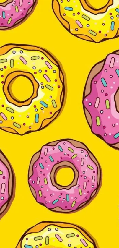 Bright yellow wallpaper with colorful donuts and sprinkles.