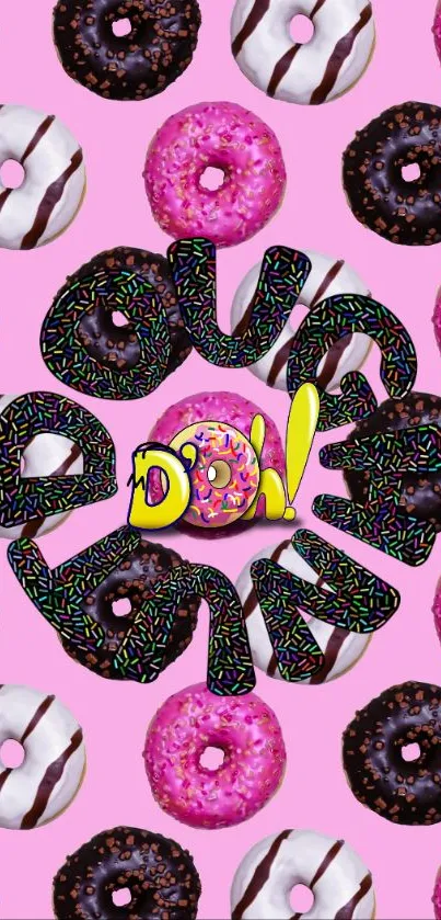 Colorful donut pattern wallpaper with pink background.